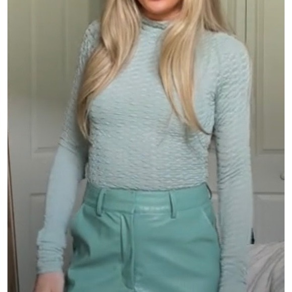 The Noli Shop Tops - The Noli Shop Sage Green Sheer Popcorn Textured Mock Neck Long Sleeve Top Size M